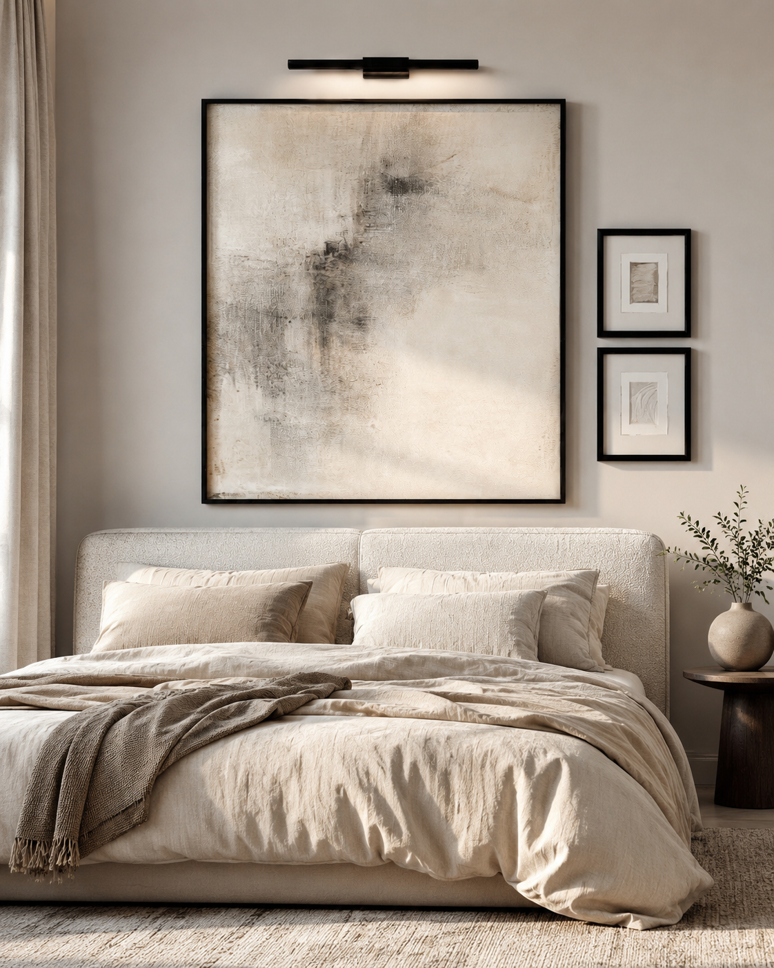 Bedroom gallery wall above an upholstered bed with large neutral framed art, picture light, and smaller black gallery frames.