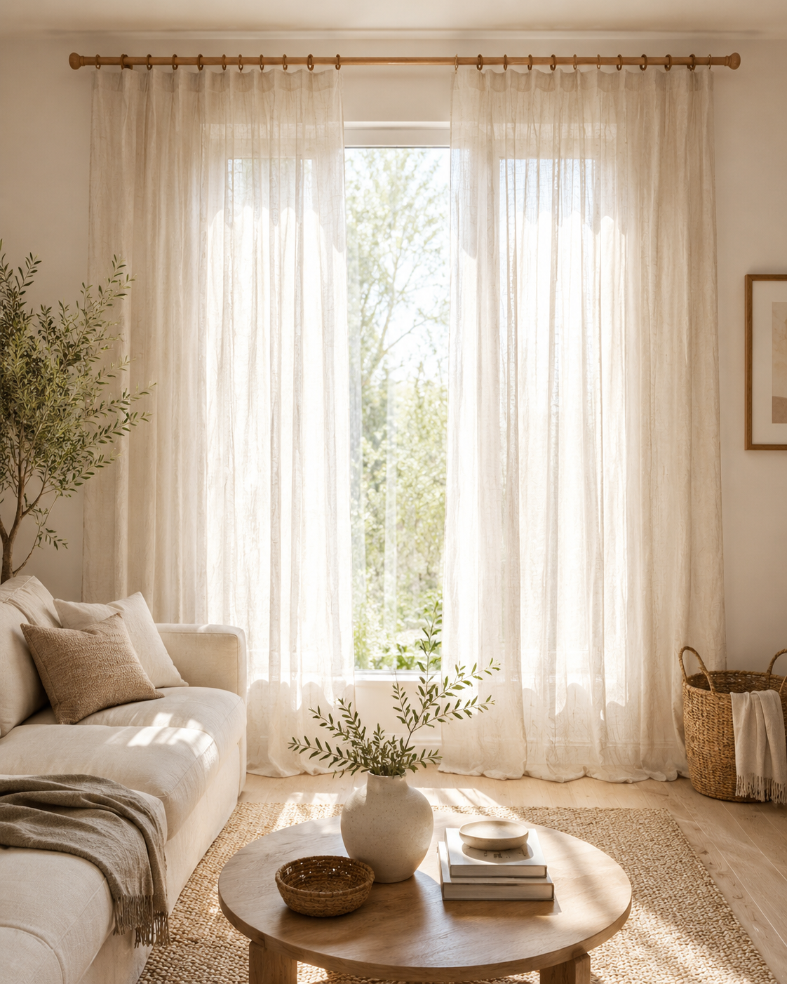 Living room curtains lookbook with light filtering linen curtains creating a bright and airy living room