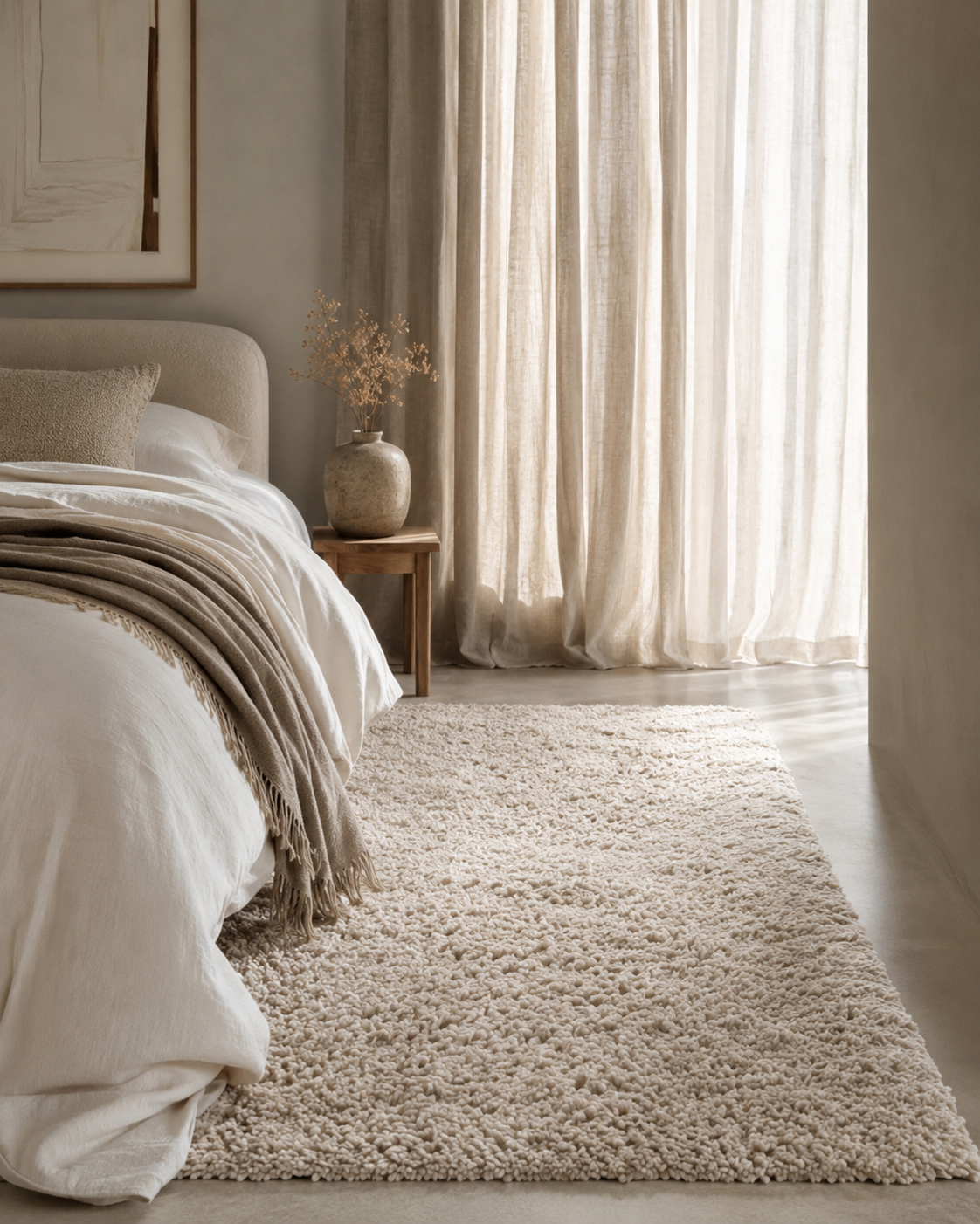 Soft neutral bedside rug beside an upholstered bed with ivory bedding and calm bedroom styling.