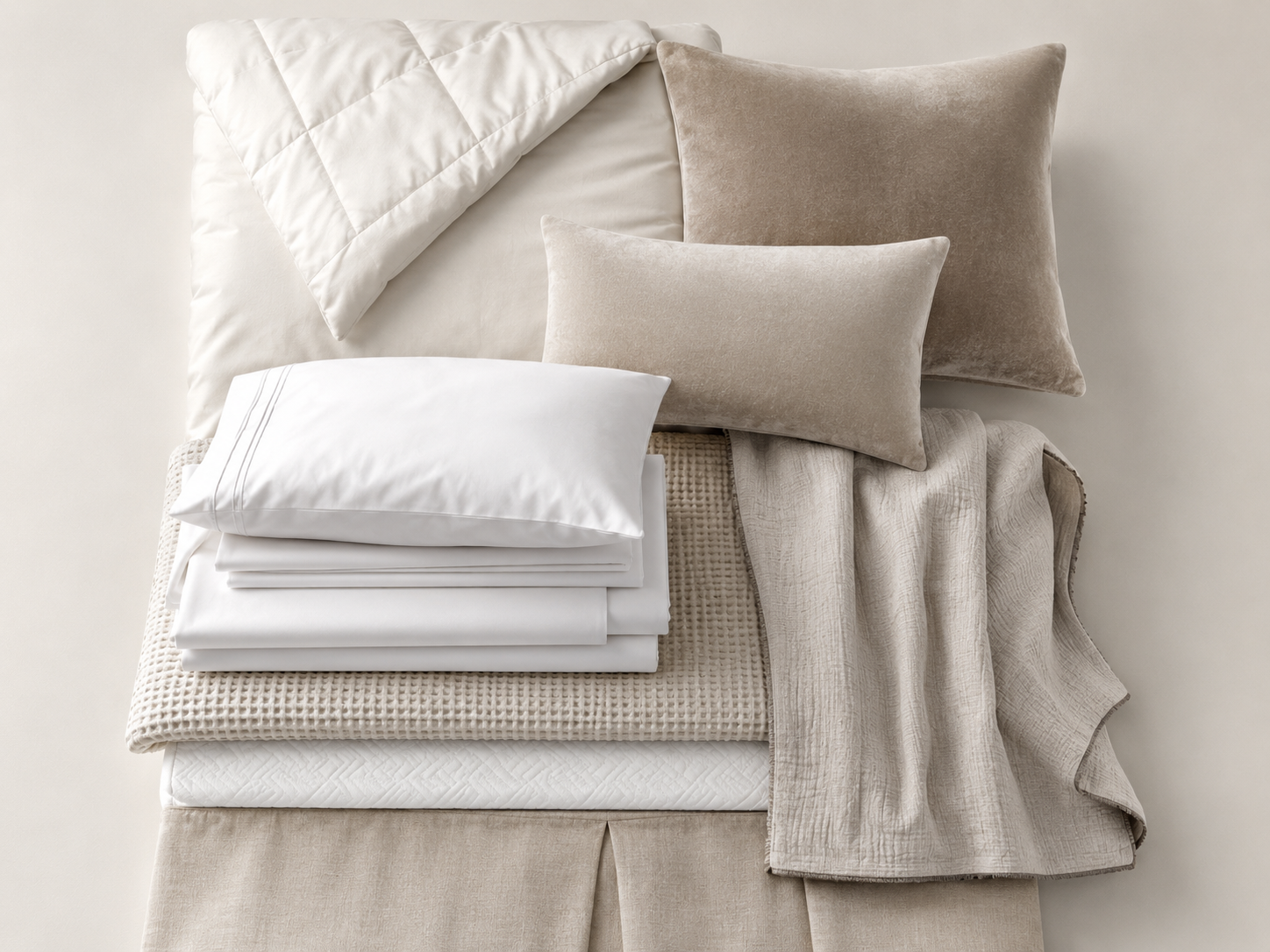 Bedroom bedding moodboard with folded sheets, duvet cover, pillow covers, quilt, blanket, mattress topper, and bed skirt textures.