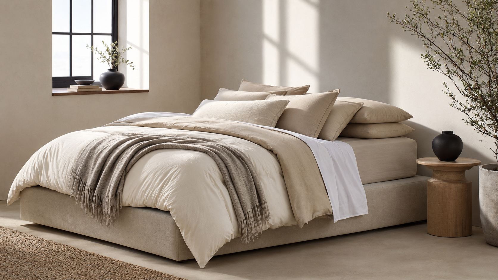 Bedroom bedding product board with layered comforter, duvet cover, sheet set, pillows, and throw blanket in a neutral bedroom.