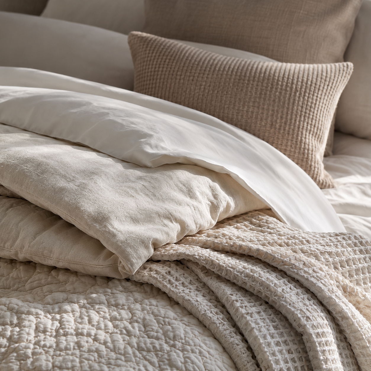 Close-up bedroom bedding texture detail with sheet, duvet cover, comforter, quilted coverlet, throw blanket, and pillow cover fabric.