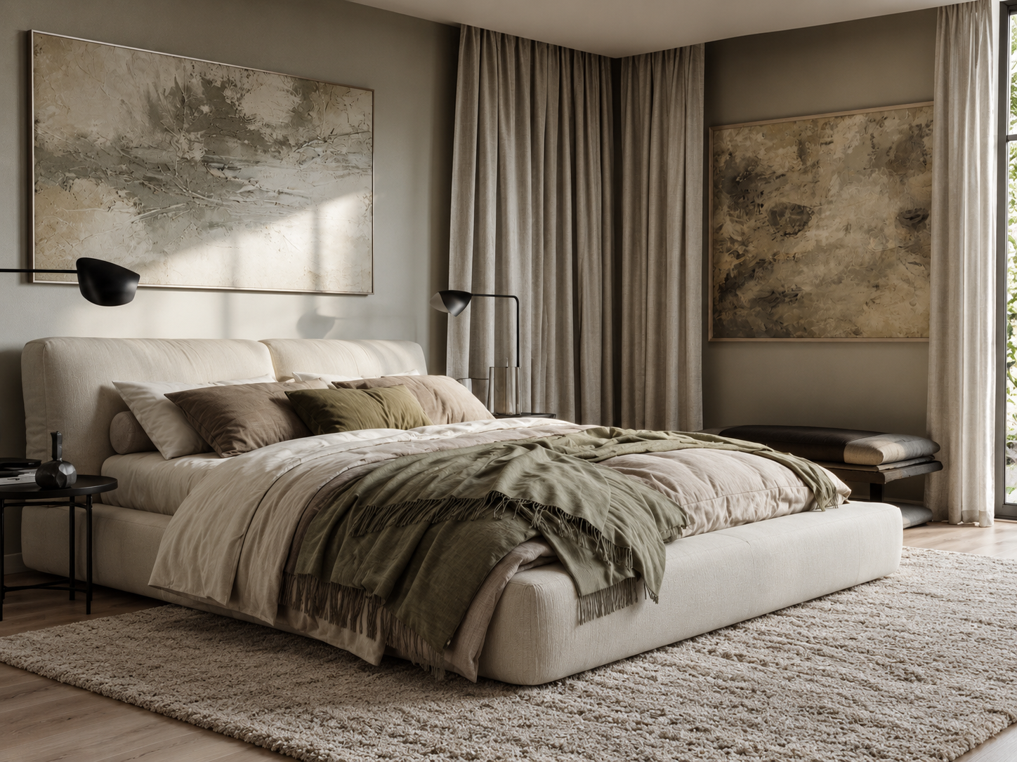 Bedroom decor ideas with layered bedding, upholstered bed, bedside lighting, curtains, rug, wall art, and bedroom storage