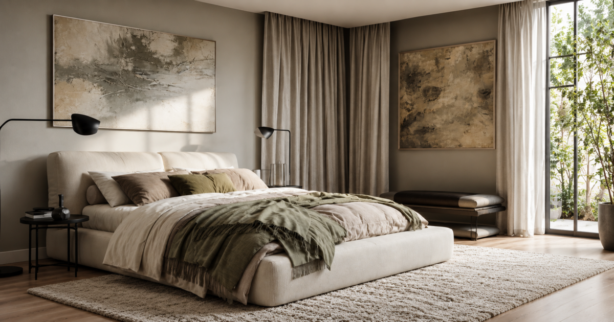Calm layered bedroom with bedding, bedside lighting, rug, curtains and practical storage