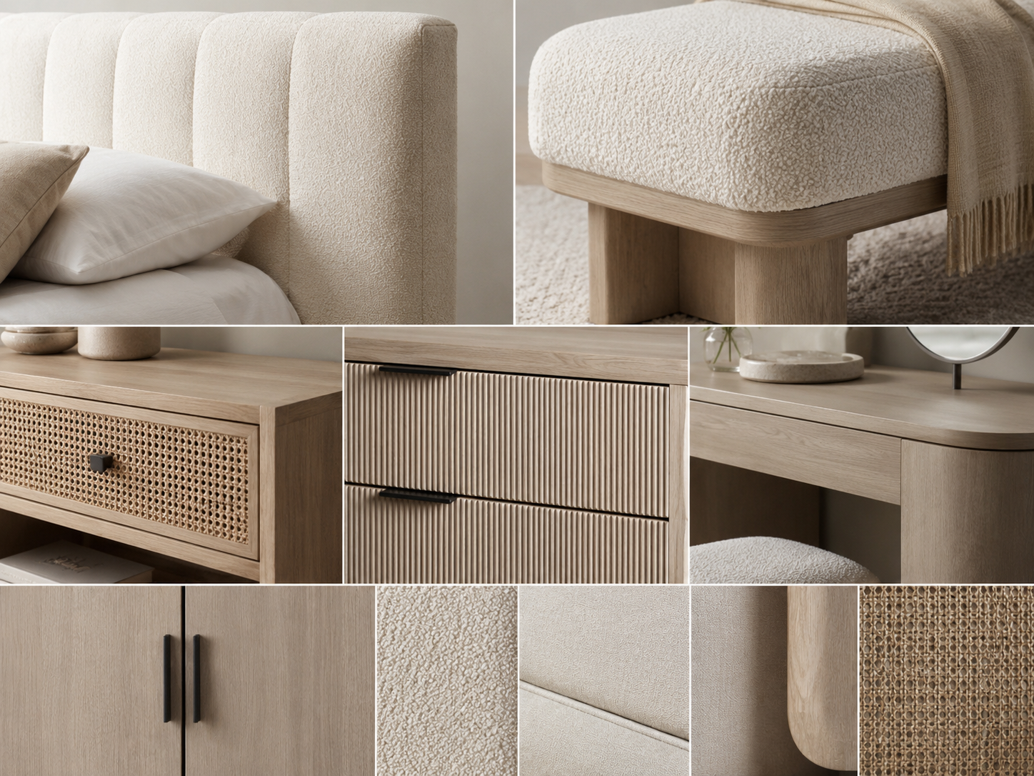 Bedroom decor furniture detail board with upholstery, fluted drawers, rattan texture, hardware and neutral finishes