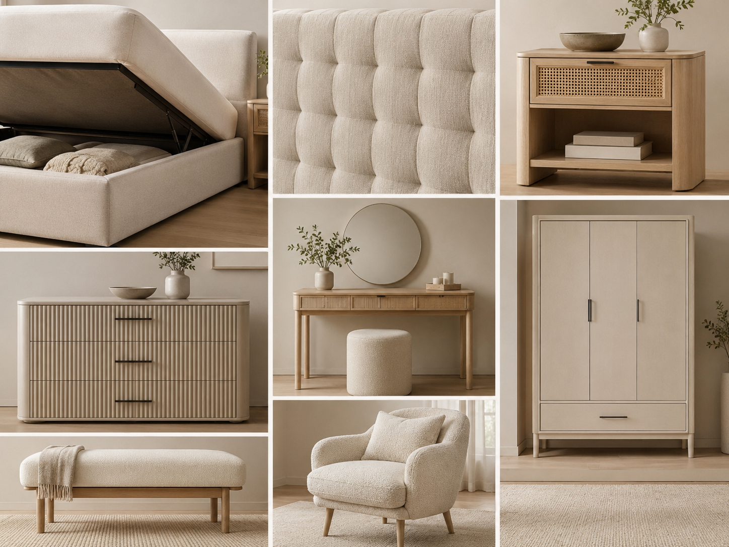 Bedroom decor furniture moodboard with storage bed, headboard, nightstand, dresser, vanity, wardrobe and chair