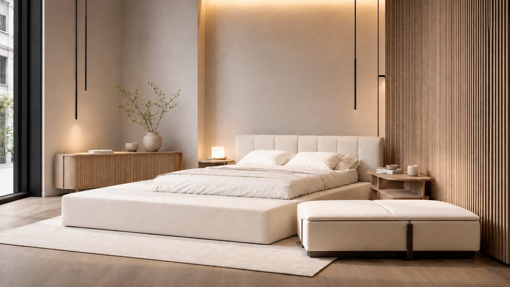 Bedroom decor furniture product board with upholstered bed, nightstands, dresser and cream bench