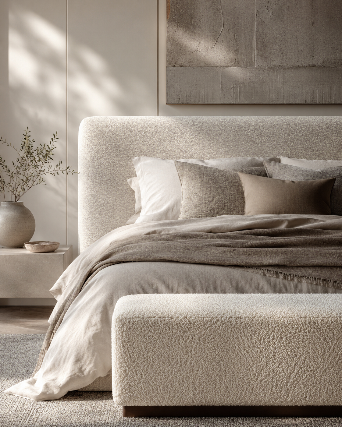 Soft bedroom decor furniture look with upholstered headboard, layered bedding and cream bench