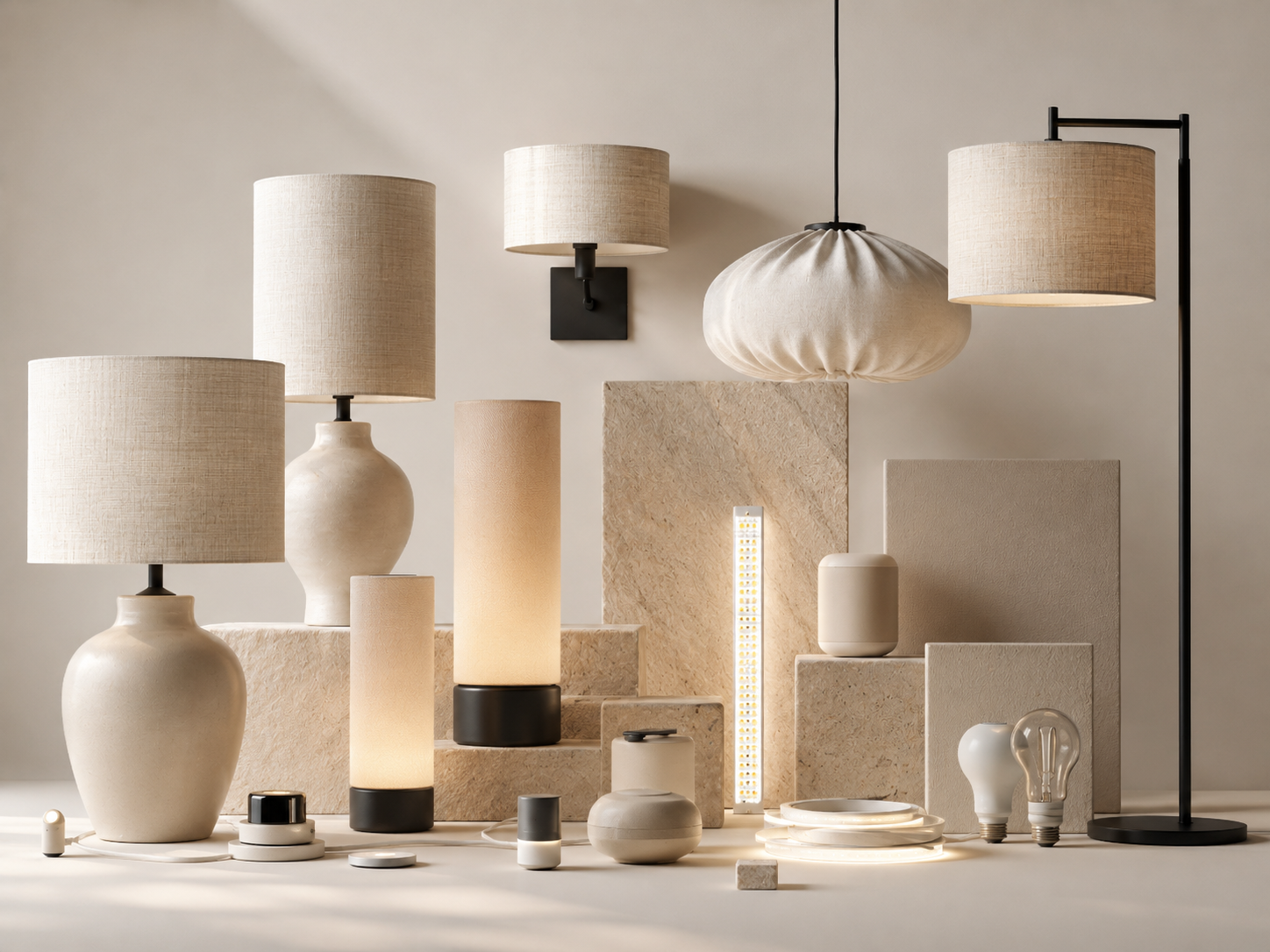 Neutral bedroom lighting moodboard with ceramic lamps, wall sconces, pendant light, floor lamp, LED strip, and smart bulbs.