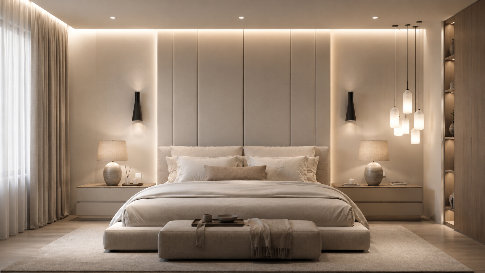 Premium bedroom lighting product board with bedside lamps, wall sconces, pendant lights, and ceiling light in a neutral bedroom.