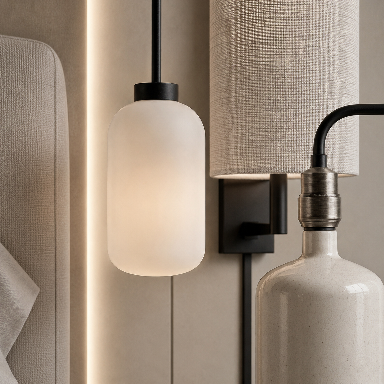 Close-up of bedroom lighting materials including linen lampshade, frosted glass, matte black metal, ceramic base, and LED glow.