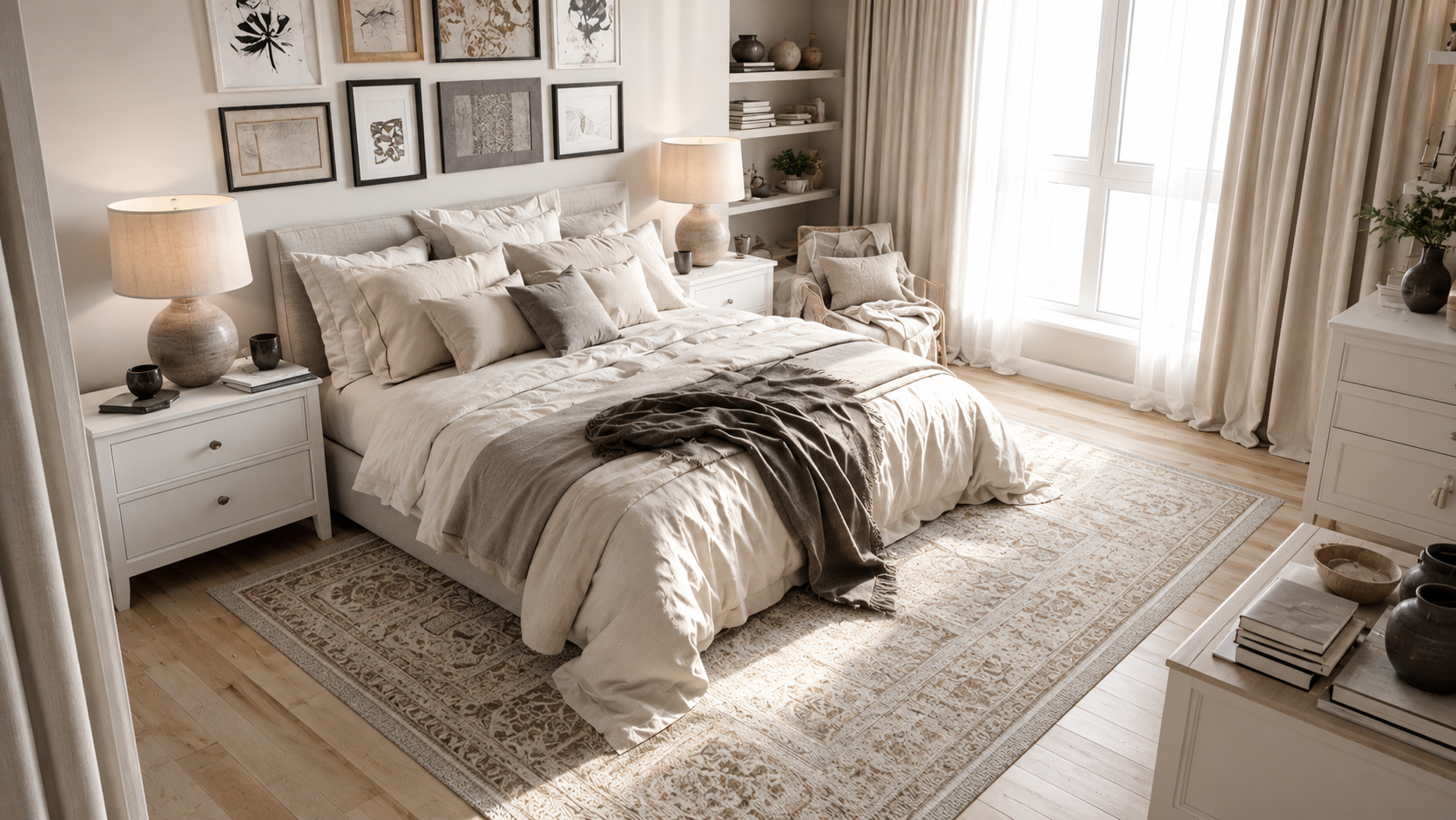 Bedroom decor ideas room map with bed, bedding, lamps, wall art, rug, curtains, dresser, and storage zones