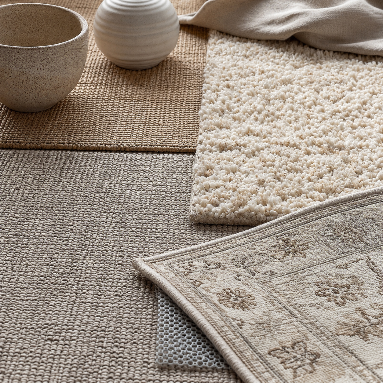 Close-up bedroom rug texture details showing woven fibers, plush shag pile, vintage pattern edge, washable surface, and rug pad grip layer.