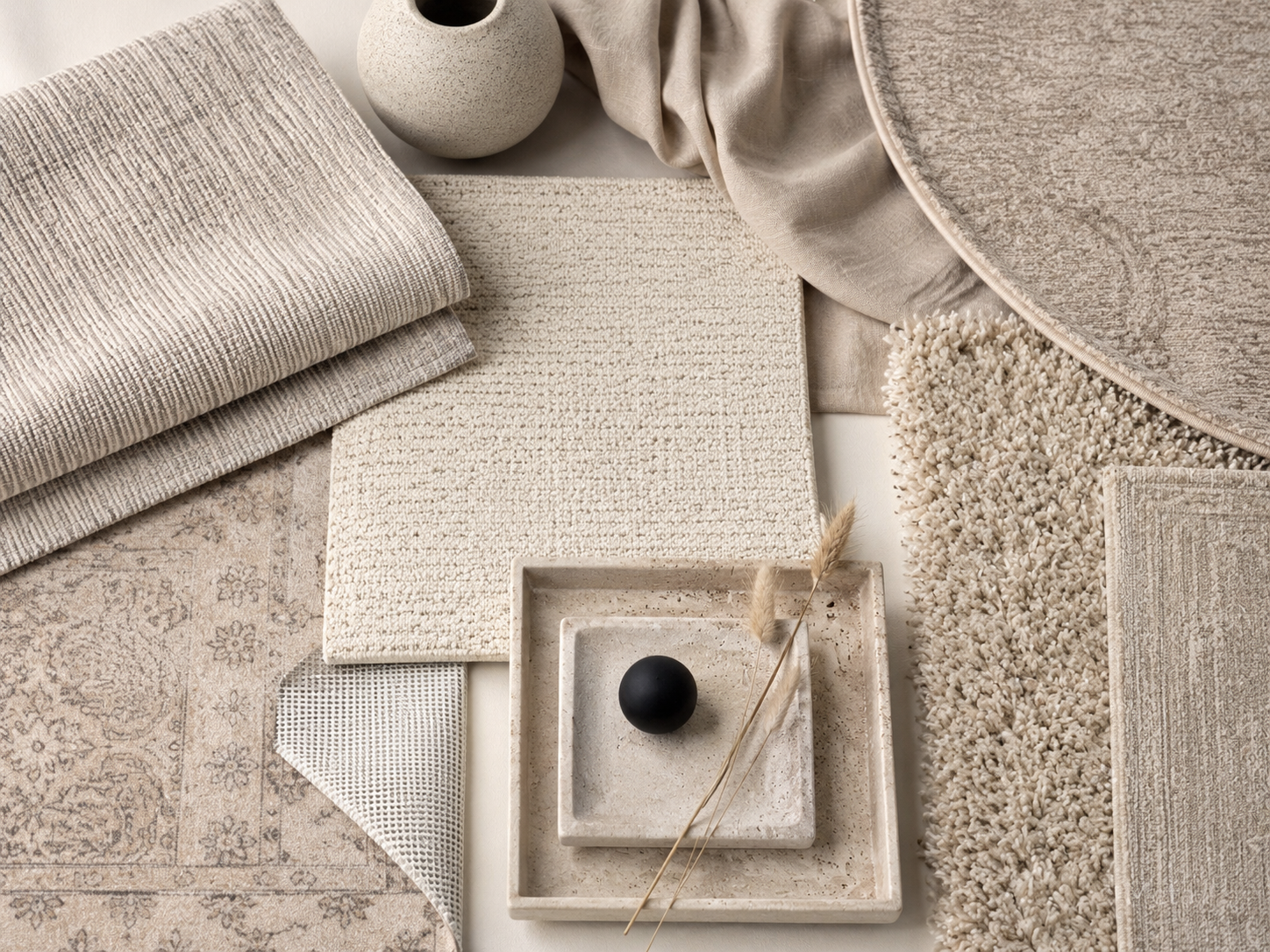 Bedroom rugs moodboard with neutral rug textures, washable rugs, shag pile, runner edges, round rug shape, and rug pad detail.
