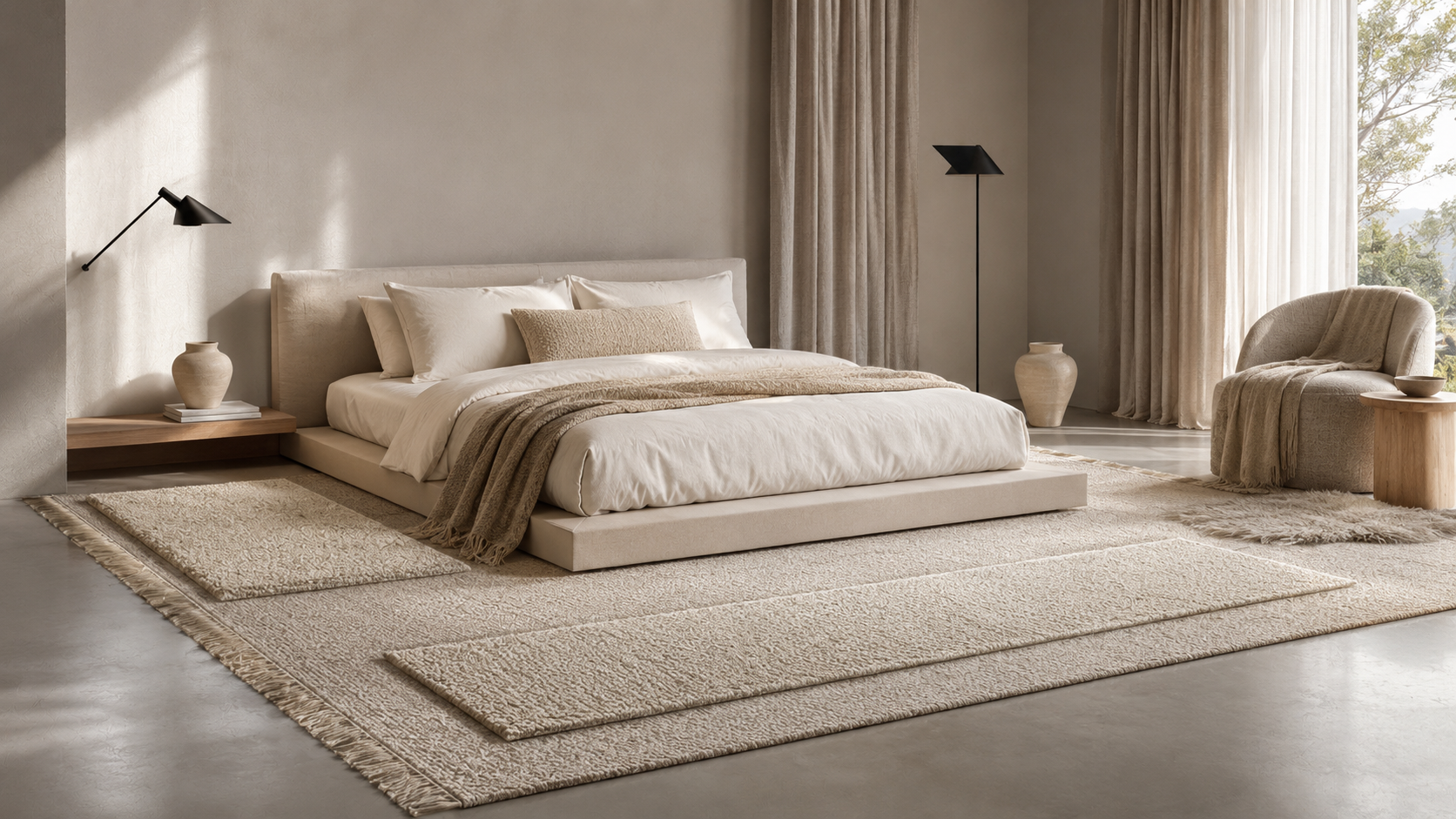 Bedroom rugs product board showing a neutral area rug under a bed with bedside rug and runner styling.