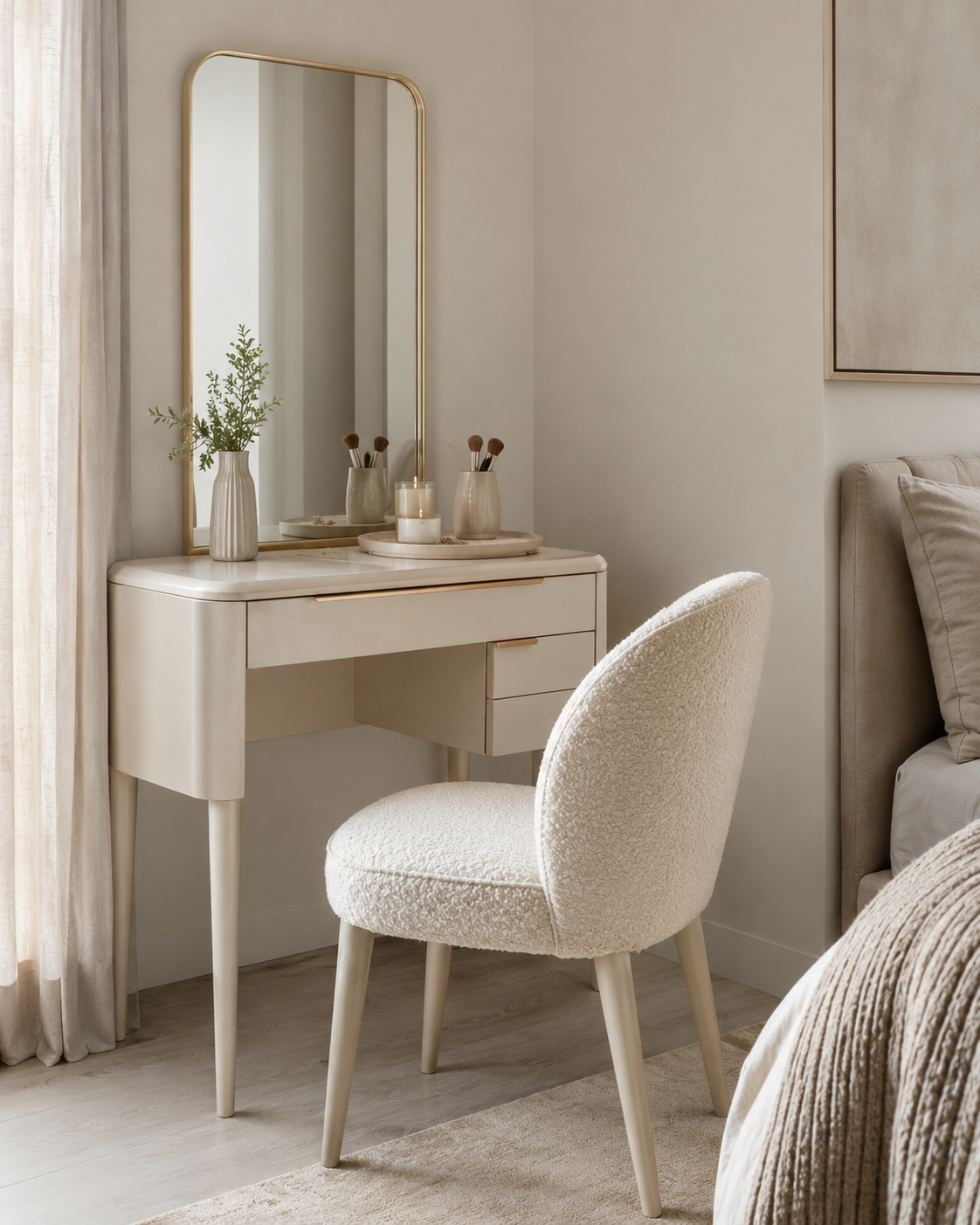 Bedroom decor vanity corner with light vanity desk and soft upholstered chair