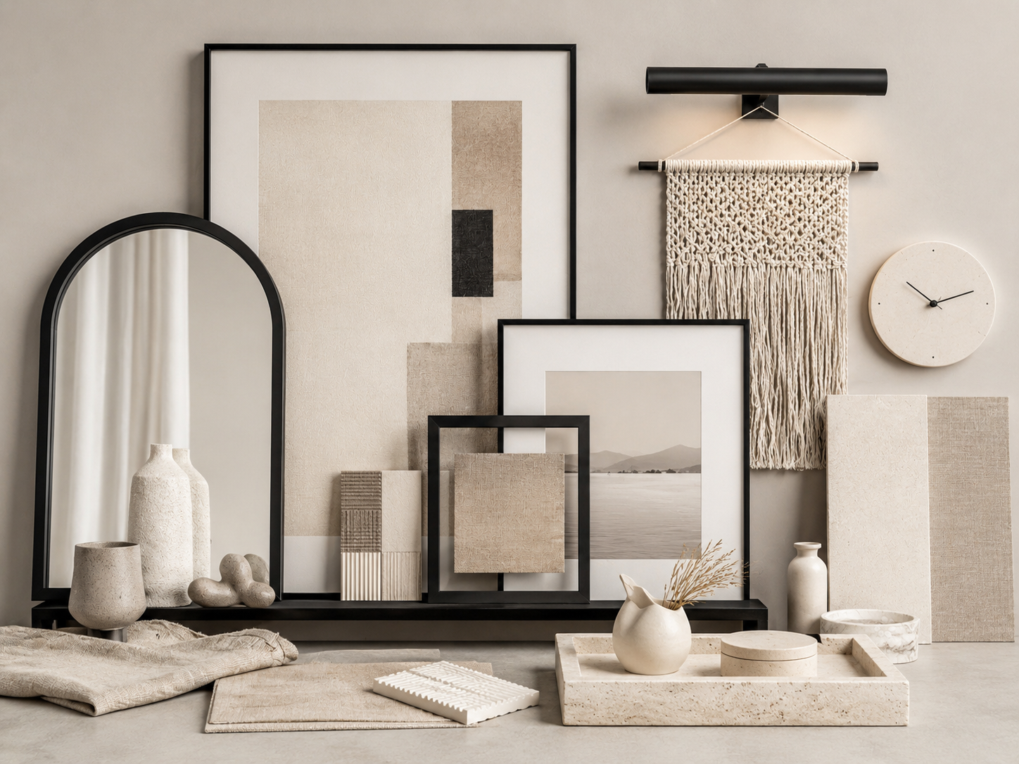 Bedroom wall decor moodboard with framed art, mirror detail, picture ledge, gallery frames, textile art, wall clock, and picture light.