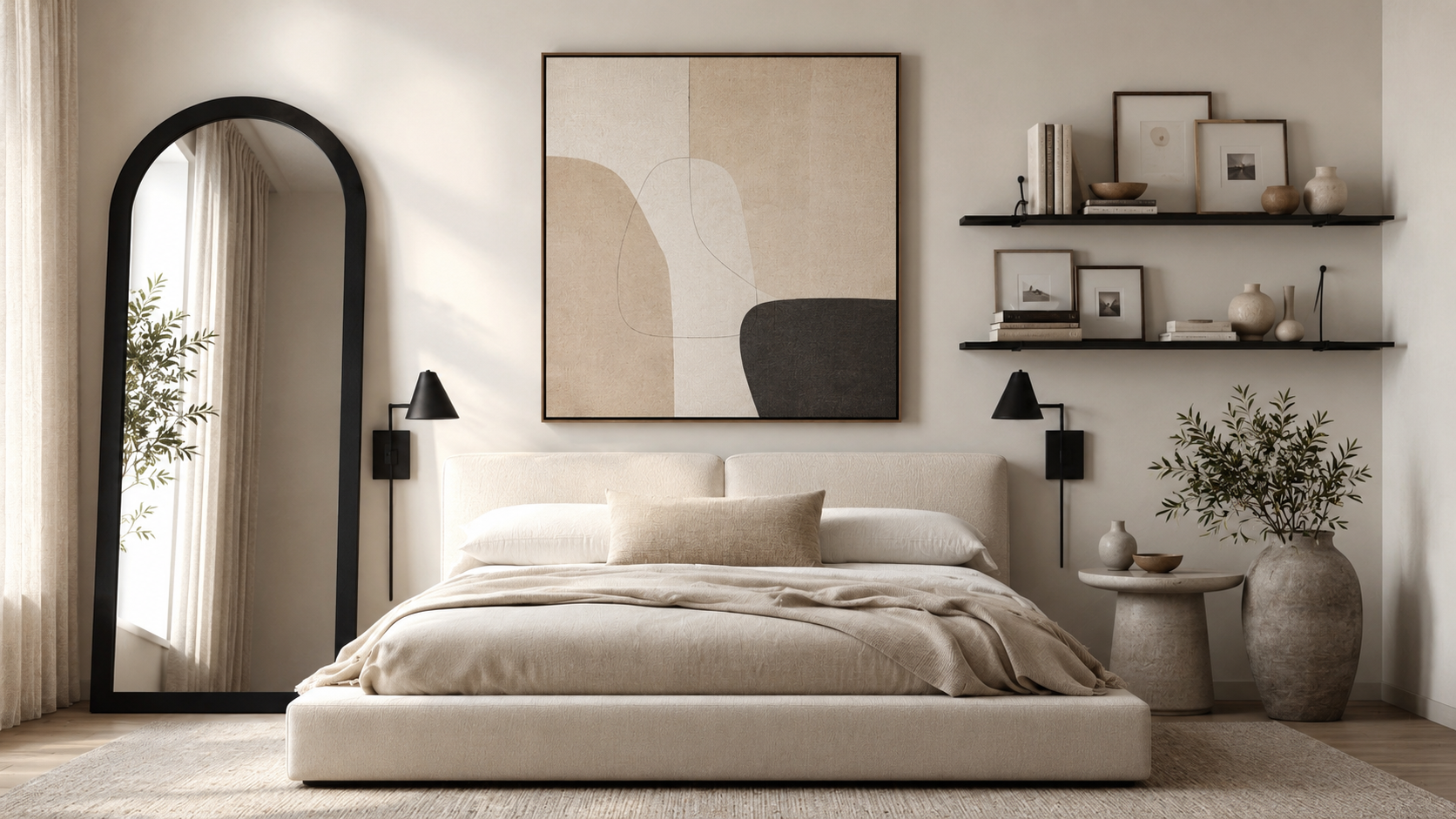 Bedroom wall decor product board with neutral wall art, black arched mirror, floating shelf, and wall sconces above a calm upholstered bed.