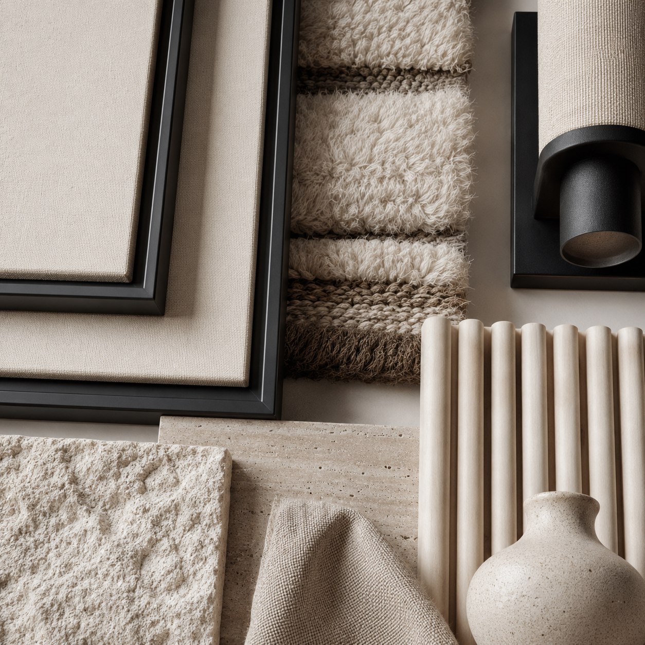 Close-up bedroom wall decor details with framed canvas, black frame edges, woven textile art, wall sconce, and neutral wall panel texture.
