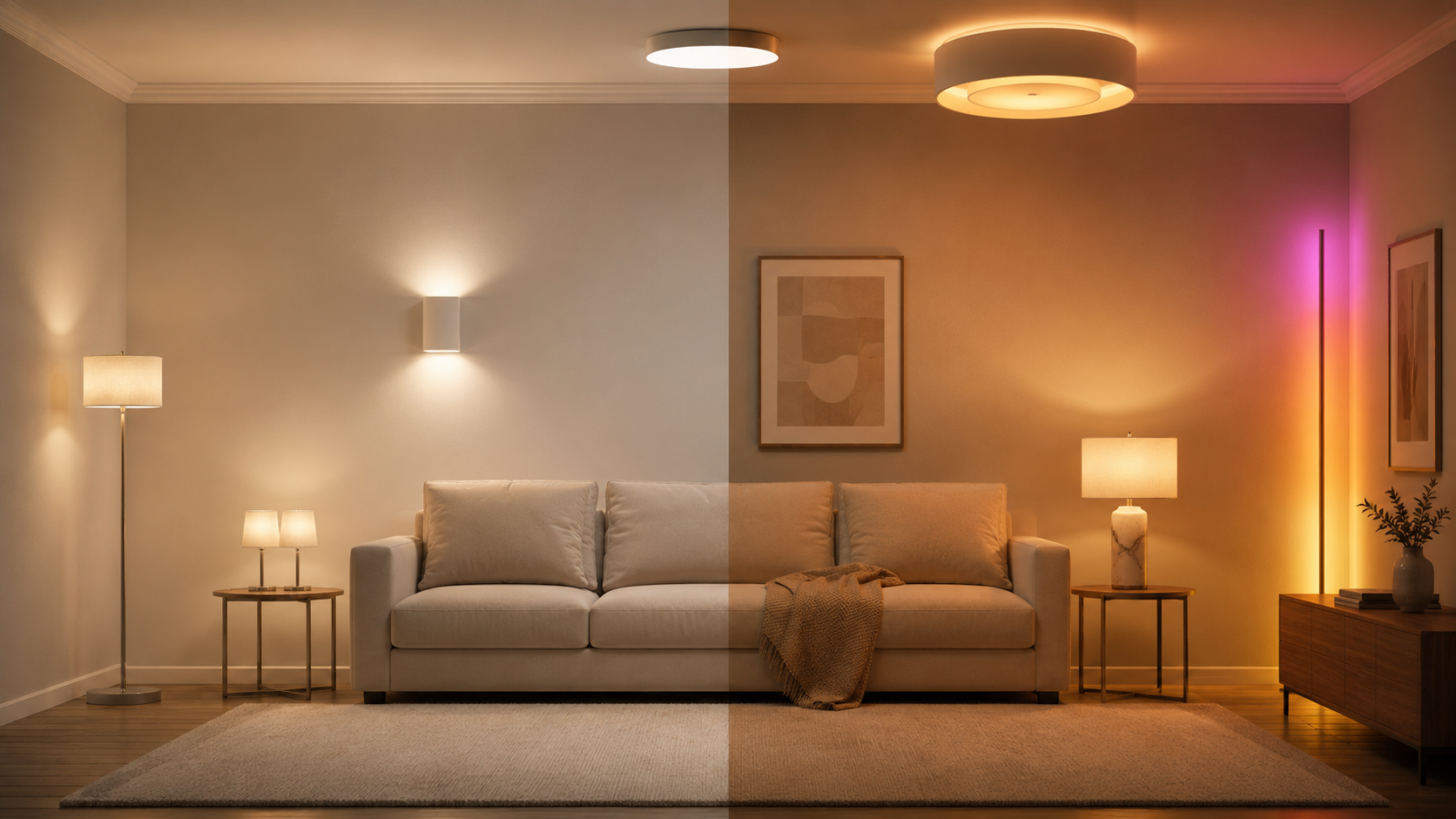 Living room lighting comparison with budget floor lamp, table lamp, wall sconce, premium smart lamp, upgraded ceiling light, and warm layered glow