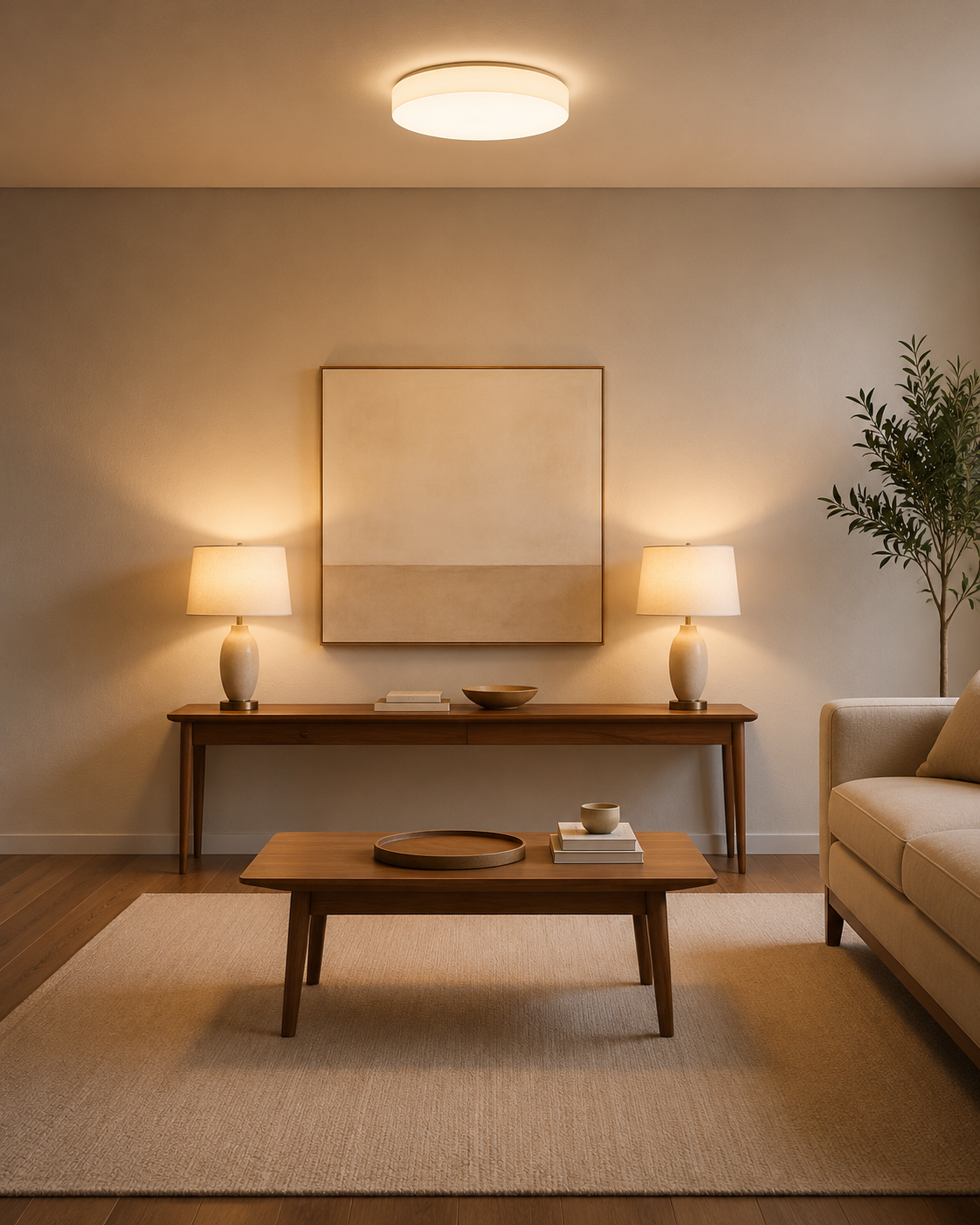 Living room lighting with flush mount ceiling light, console table lamps, wall art, beige sofa, and warm neutral glow