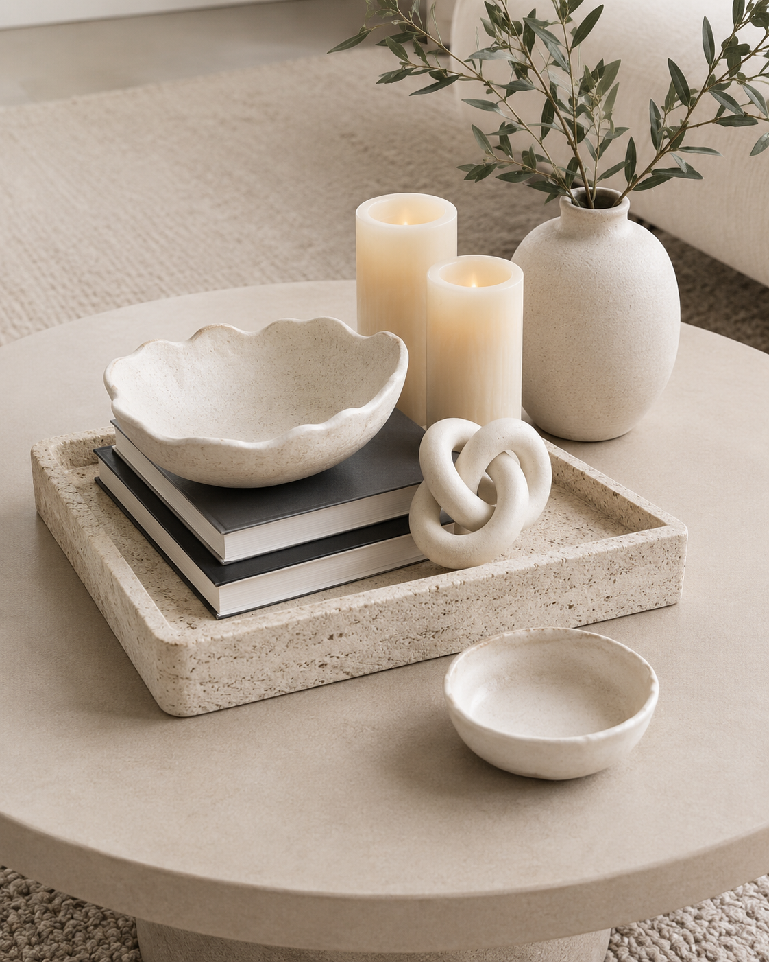 Living room decorative accessories on a coffee table with tray, ceramic bowl, books, candles, vase and knot sculpture