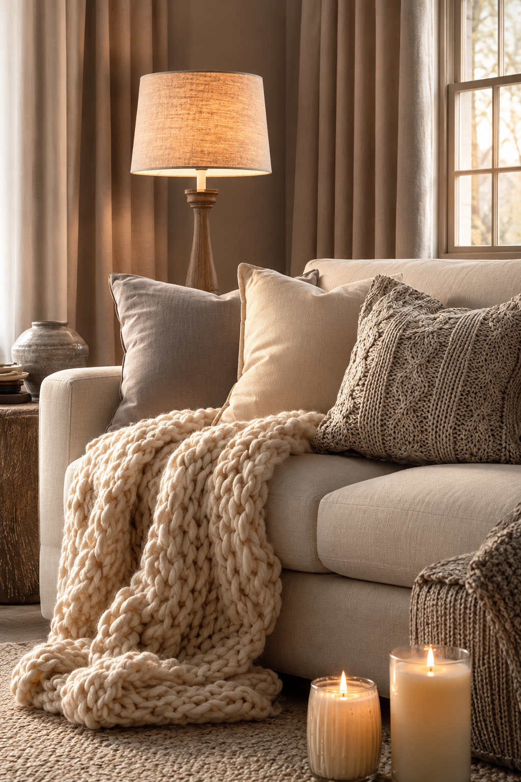 Cozy warm living room with layered pillows, knit throw, soft rug, curtains, and table lamp