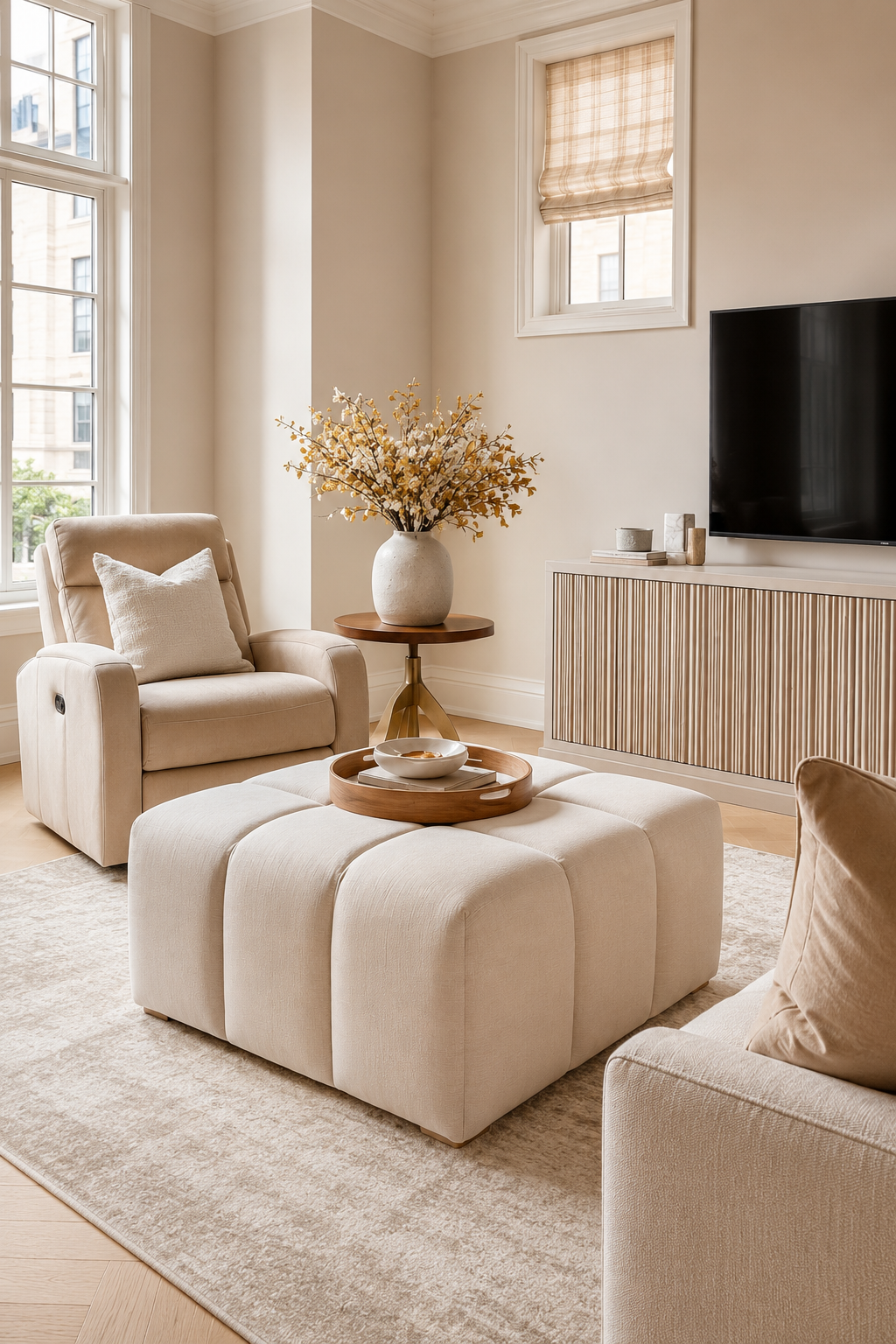 Living room furniture media setup with recliner, storage ottoman, fluted TV stand, sofa, and soft rug