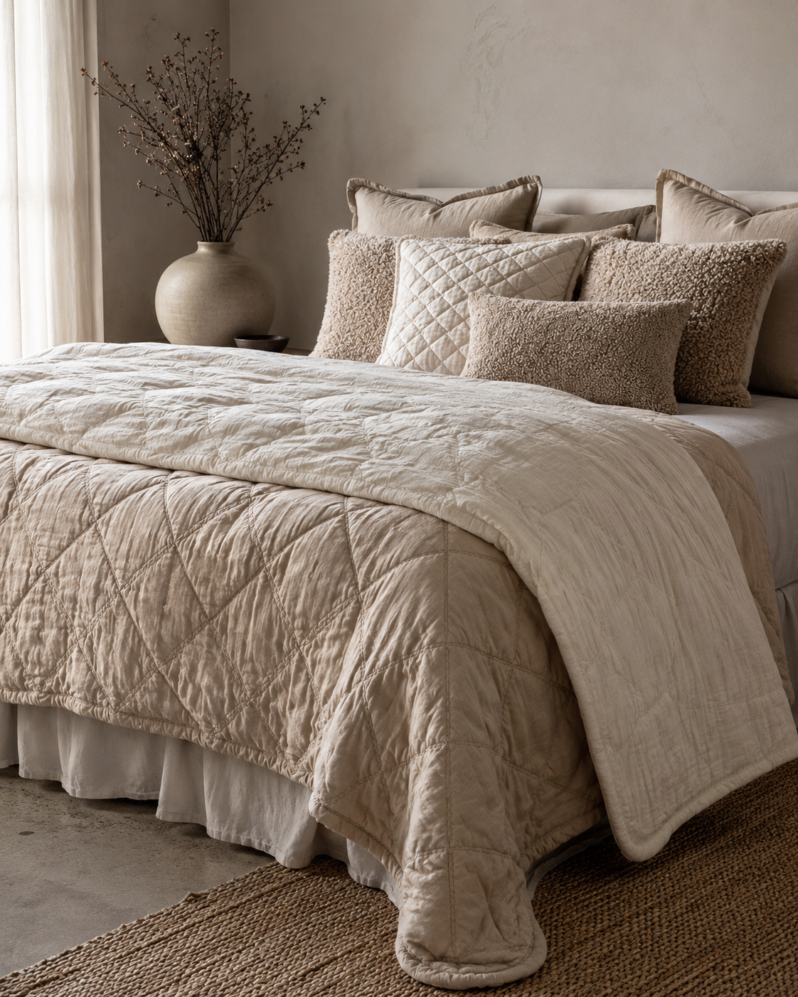 Finished bedroom bedding layers with coverlet, quilt, decorative pillow covers, subtle bed skirt, and soft neutral styling.