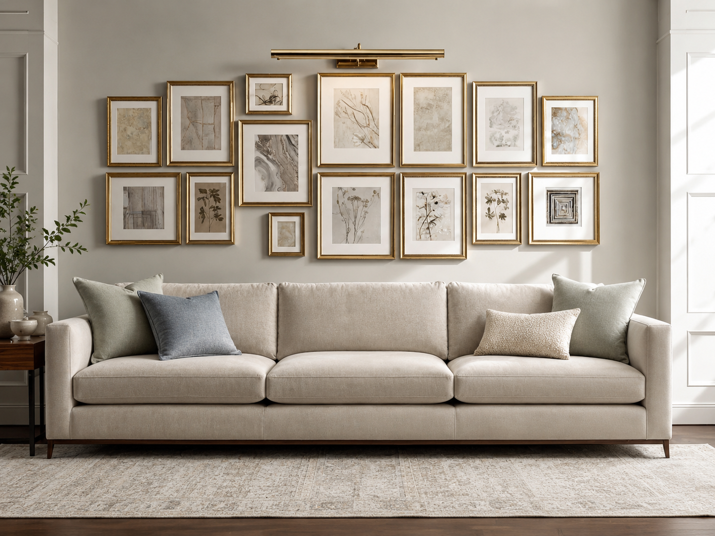 Living room wall decor gallery wall with gold frames, neutral artwork, and antique brass picture light above sofa