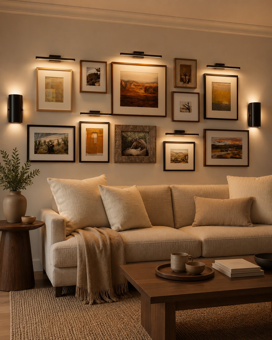 Living room lighting gallery wall with framed art, picture lights, wall sconces, beige sofa, and warm ambient lighting