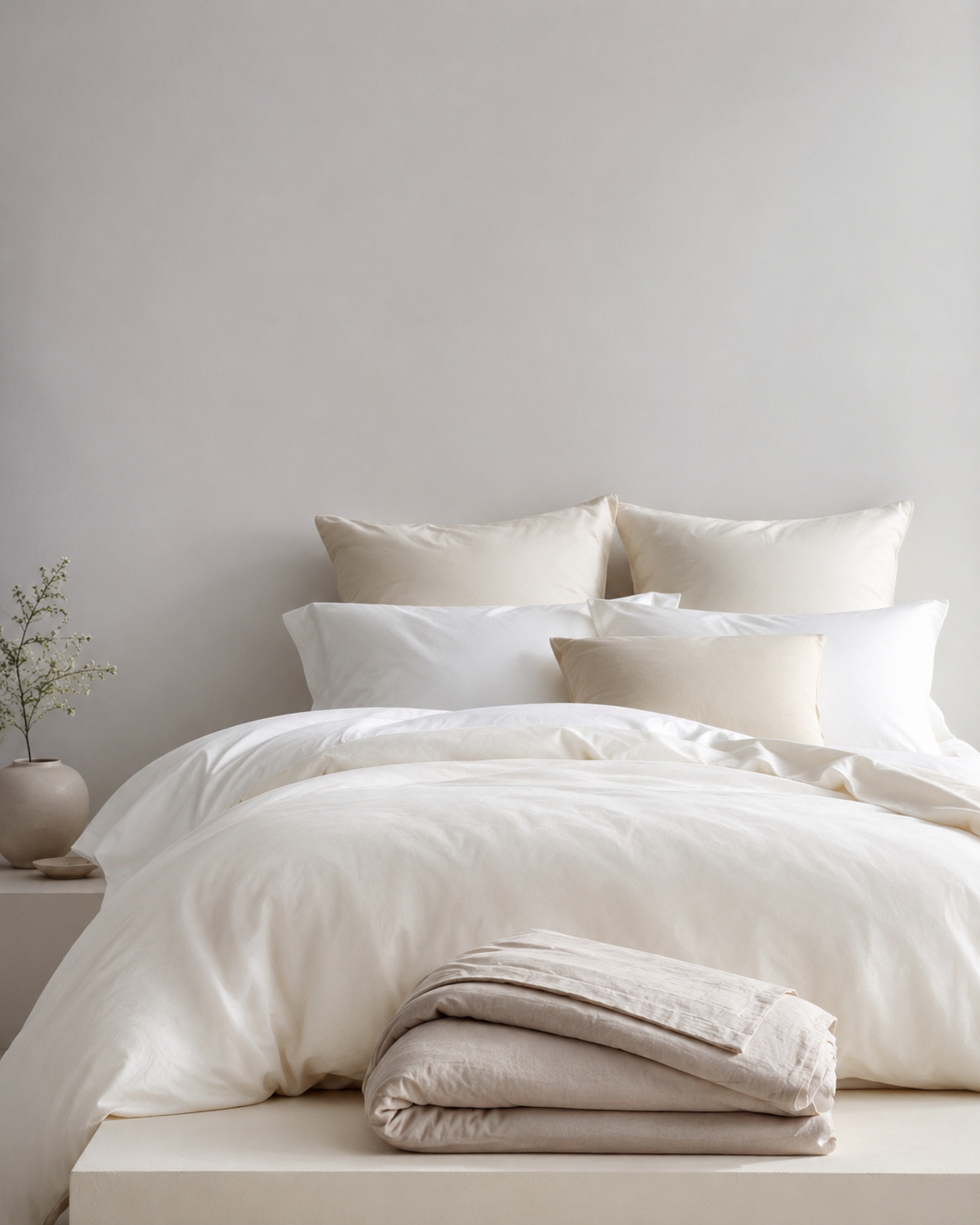 Hotel crisp bedroom bedding setup with white sheets, plush comforter, structured pillows, and folded neutral coverlet.