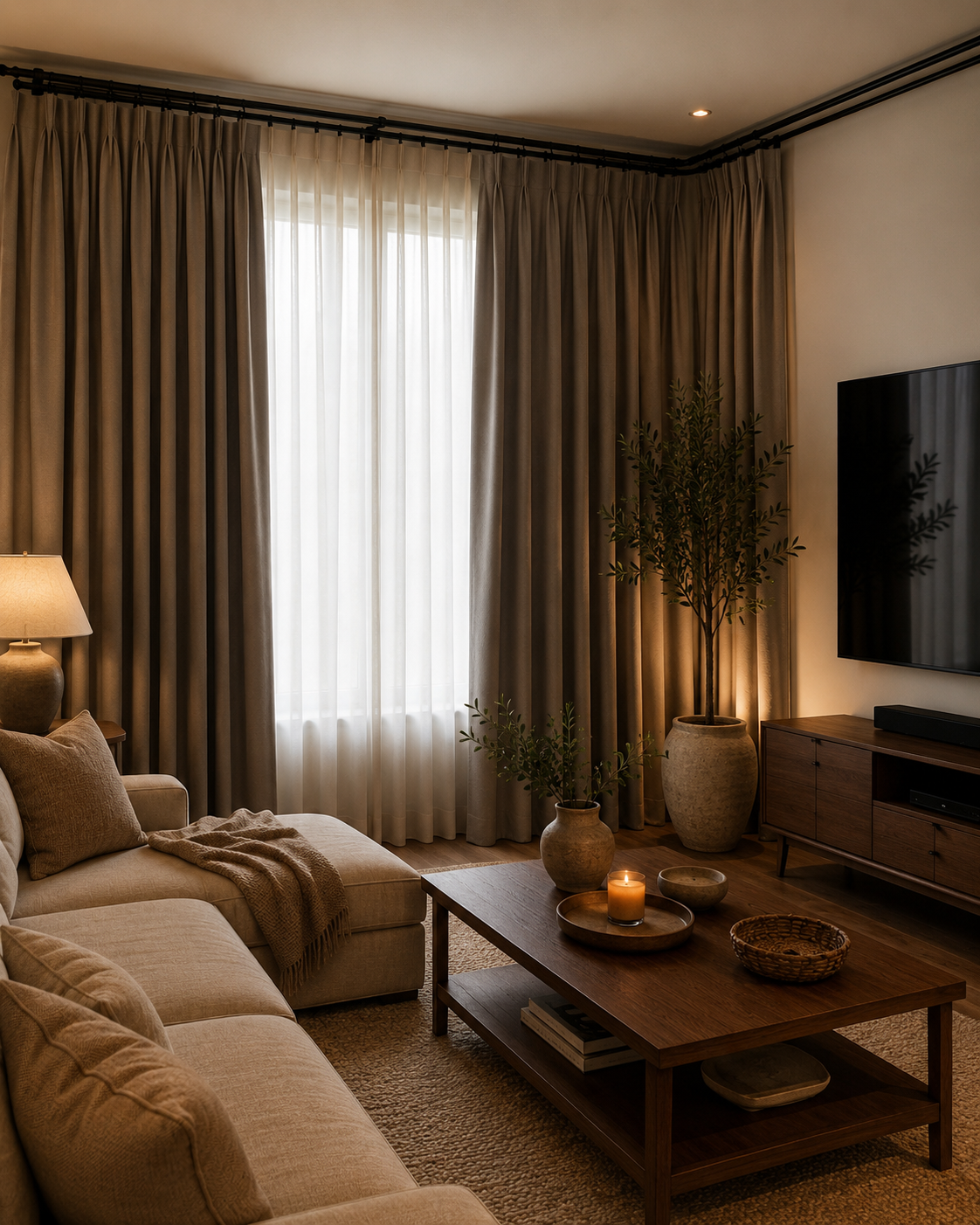 Living room curtains lookbook with layered blackout and sheer curtains installed on a double curtain rod