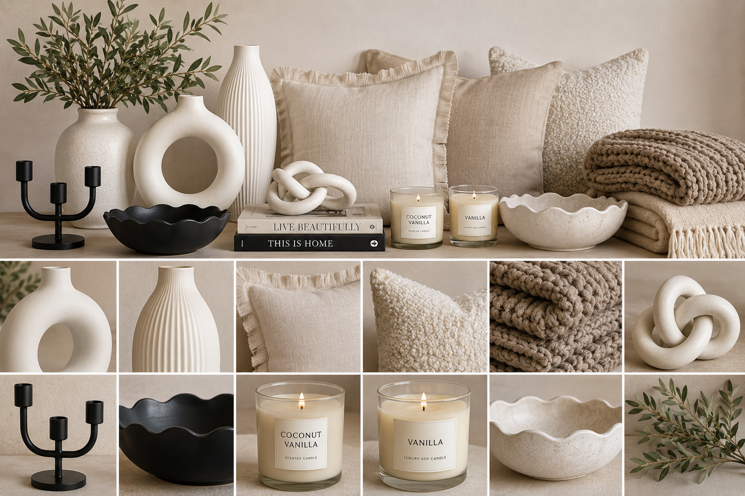 Living room decorative accessories texture board with ceramic vases, candles, pillows, throws, bowls, books and faux greenery
