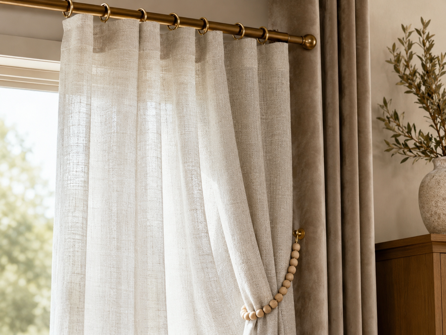 Living room curtain fabric details with layered folds, decorative rings, tiebacks, sheer texture, and soft curtain fabric