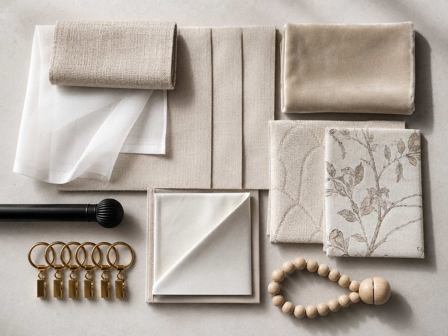 Living room curtains moodboard with linen curtains, sheer curtains, velvet curtain fabrics, curtain rings, and tiebacks