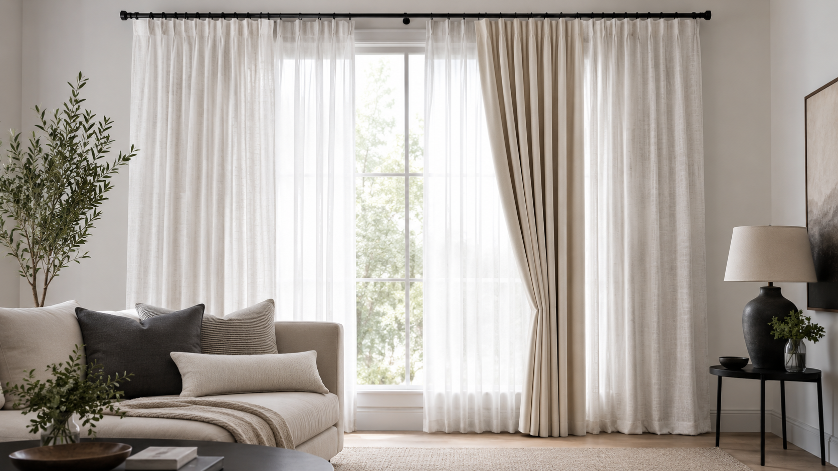 Living room curtains product board with layered linen curtains, blackout curtain panels, sheer curtains, and curtain rod