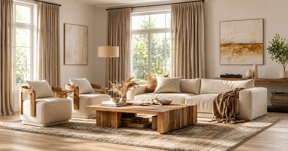 Layered neutral living room with daylight, natural wood, soft textiles and considered home decor