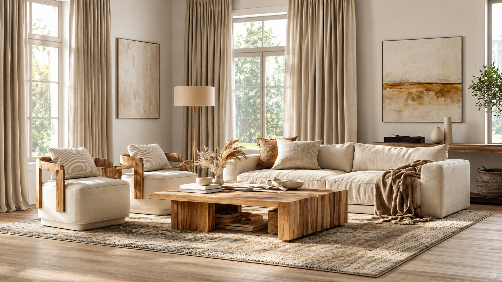 Warm neutral living room with sofa, rug, curtains, lighting, wall art, and styled decor