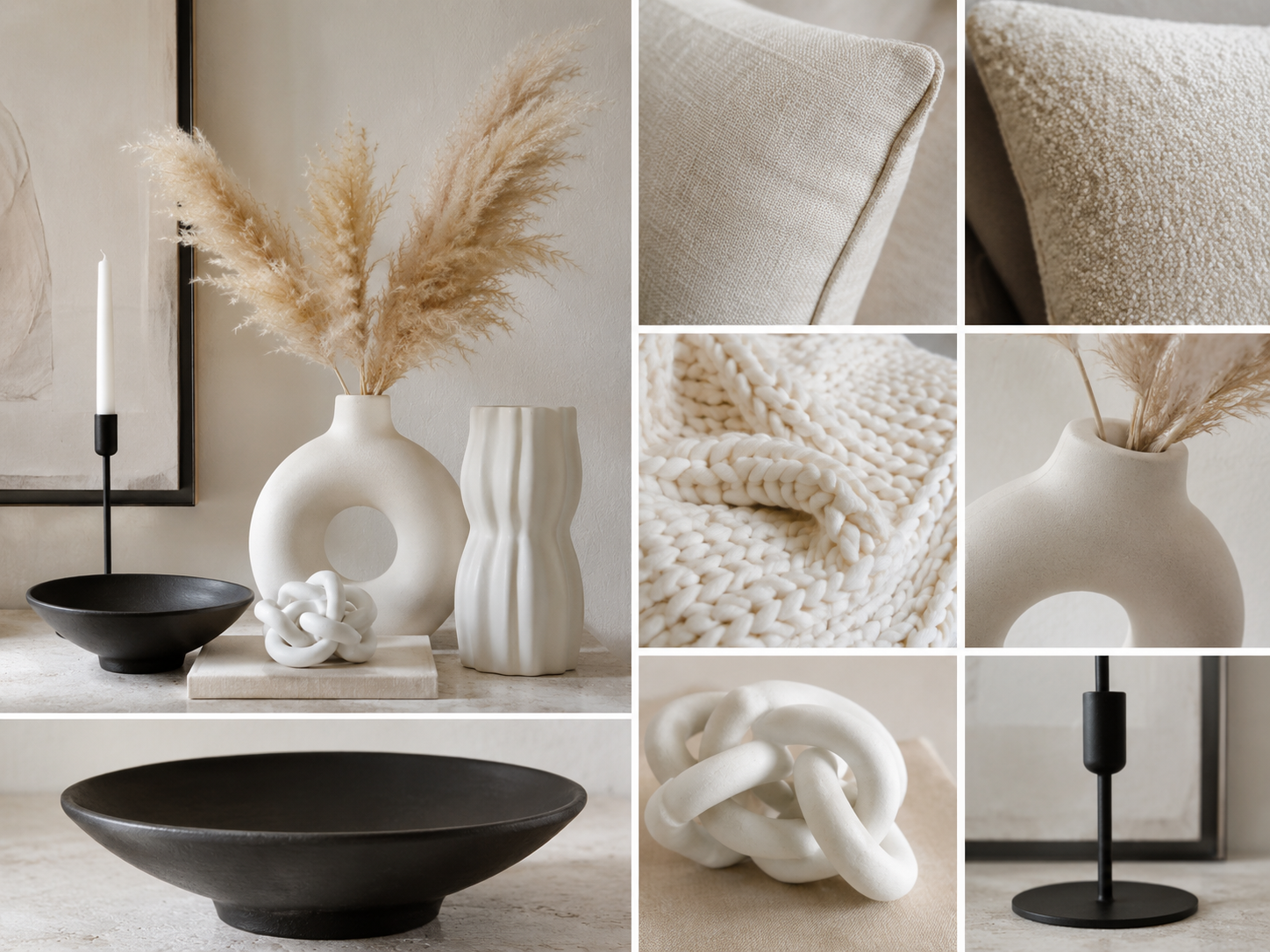Living room decorative accessories moodboard with vases, pillows, throw texture, candle holder, bowl and ceramic knot decor
