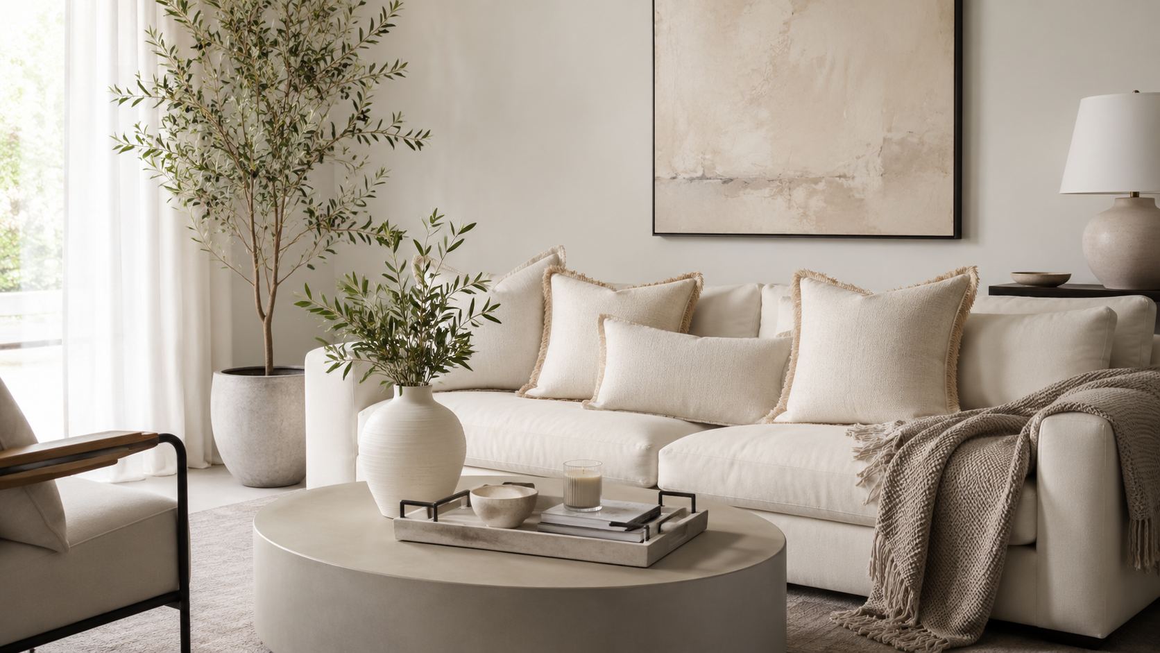 Living room decorative accessories with faux olive tree, ceramic vase, decorative tray, pillows and throw blanket