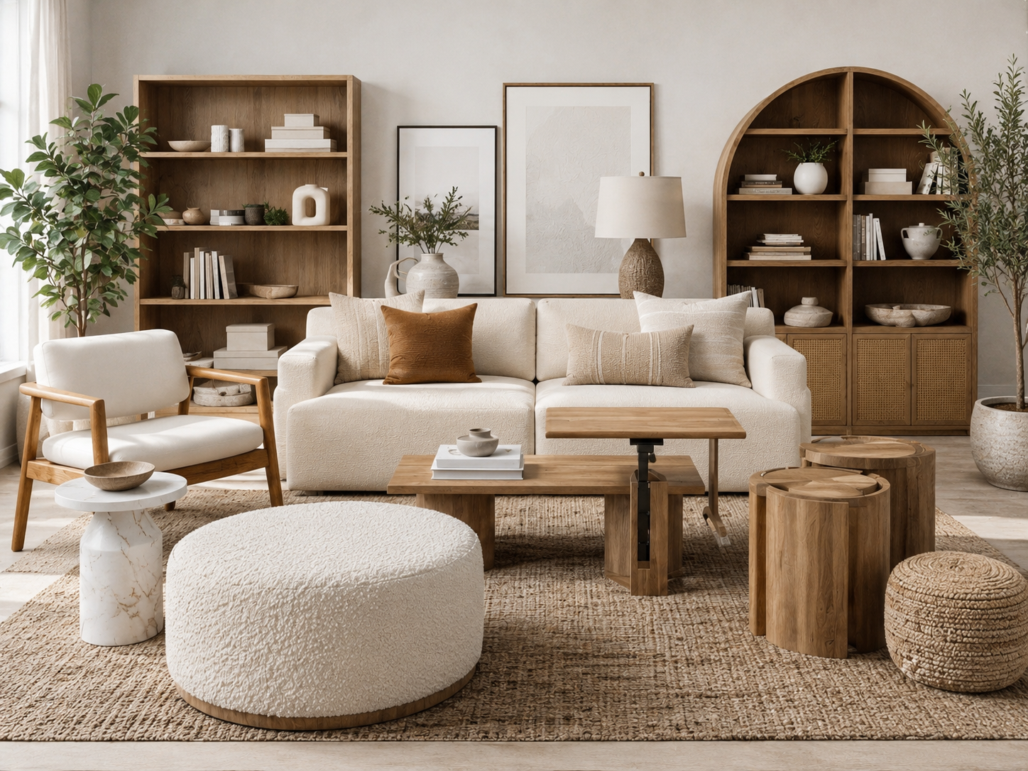 Living room furniture moodboard with sofa, lounge chair, coffee table, side table, ottoman, pouf, and bookcase