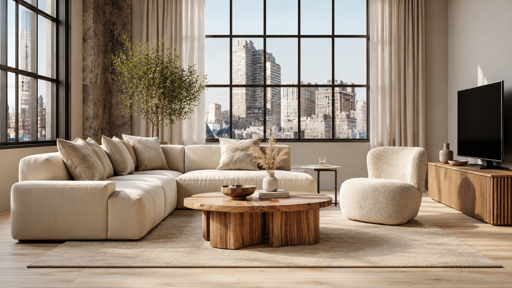 Living room furniture product board with sofa, accent chair, coffee table, TV stand, ottoman, and side table