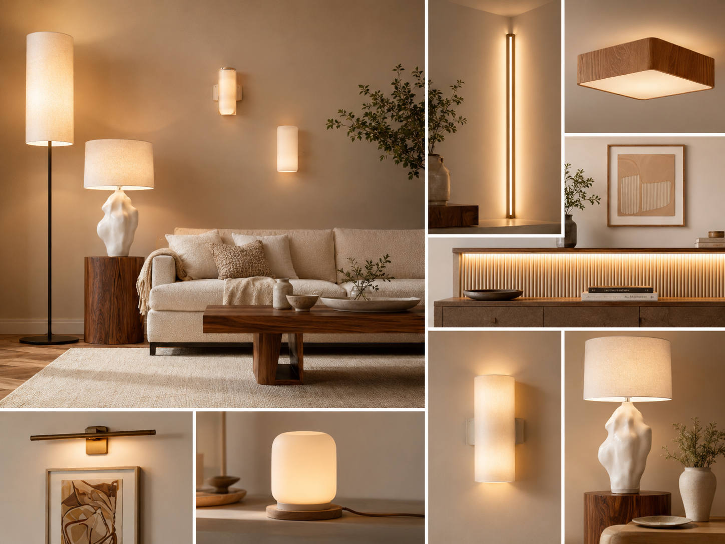 Living room lighting moodboard with floor lamp, ceramic lamp, wall sconce, corner lamp, LED strip light, picture light, and smart lamp
