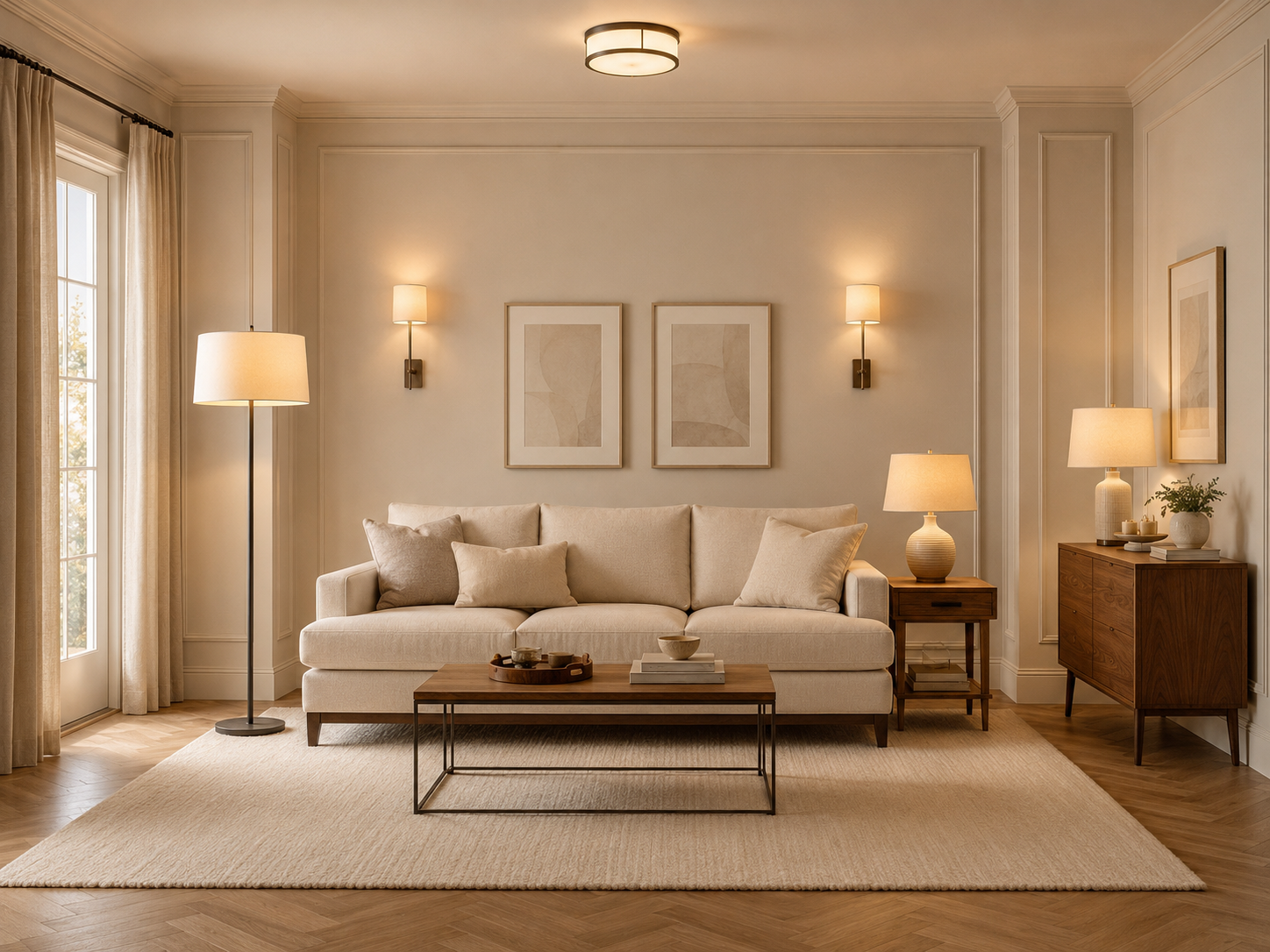Living room lighting product board with floor lamp, table lamps, wall sconces, and ceiling light arranged for layered glow