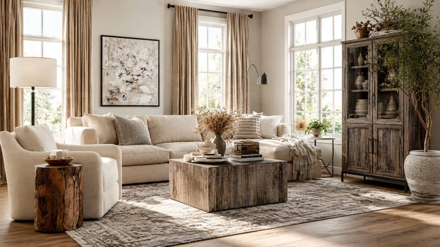 Living room layout showing furniture, wall decor, lighting, rug, curtains, storage, and decor zones