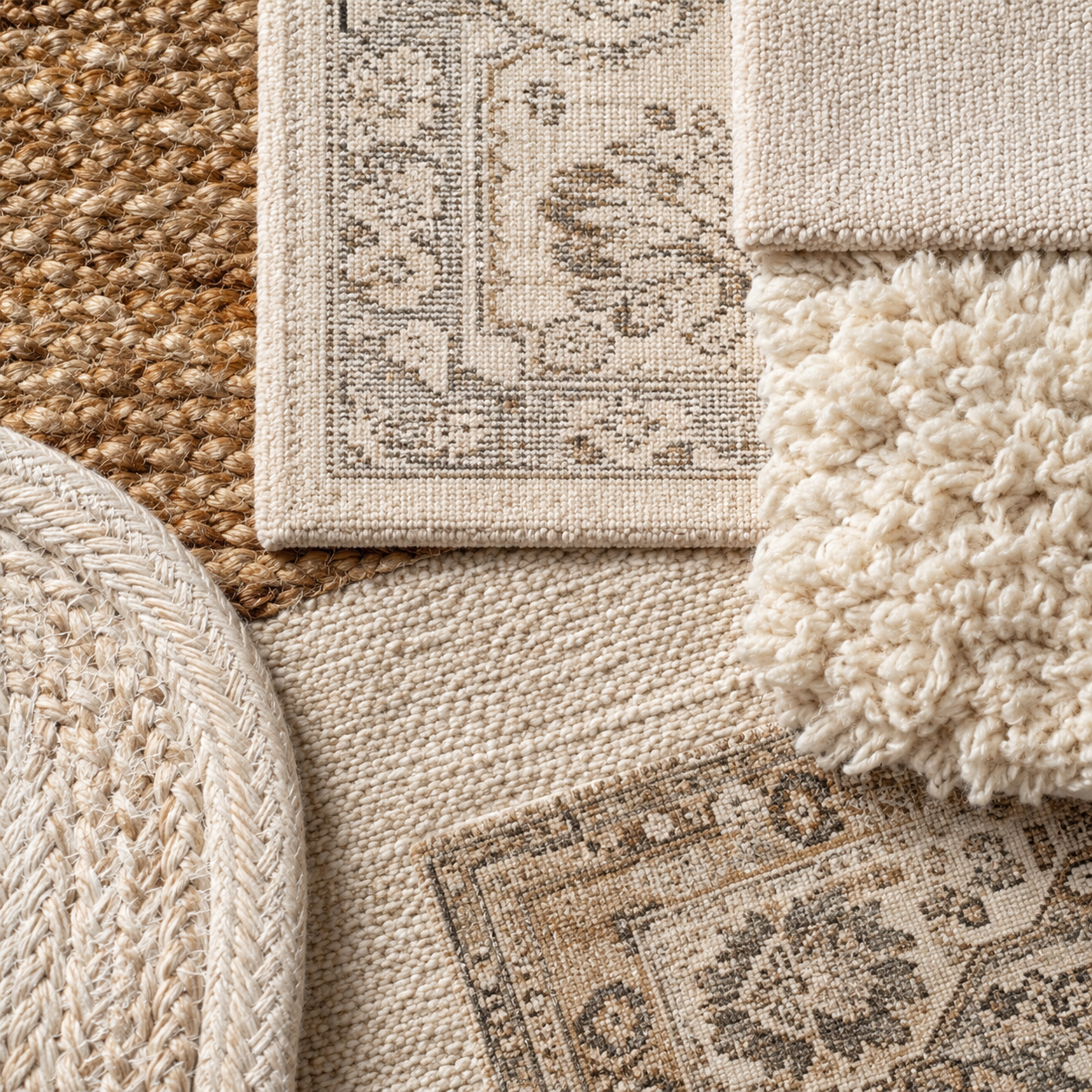 Living room rugs texture detail board showing jute weave, washable rug surface, plush shag fibers, braided cotton edge, and vintage pattern detail