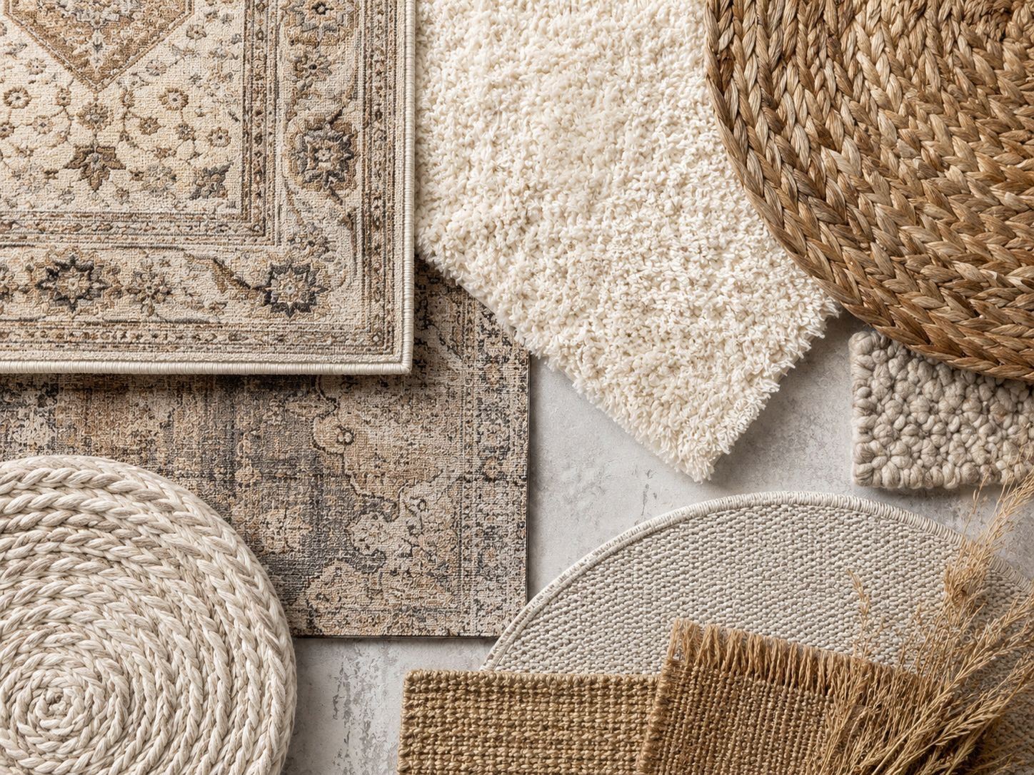 Living room rugs moodboard with vintage rug, traditional medallion rug, shag rug, braided rug, round rug, washable rug, and jute texture