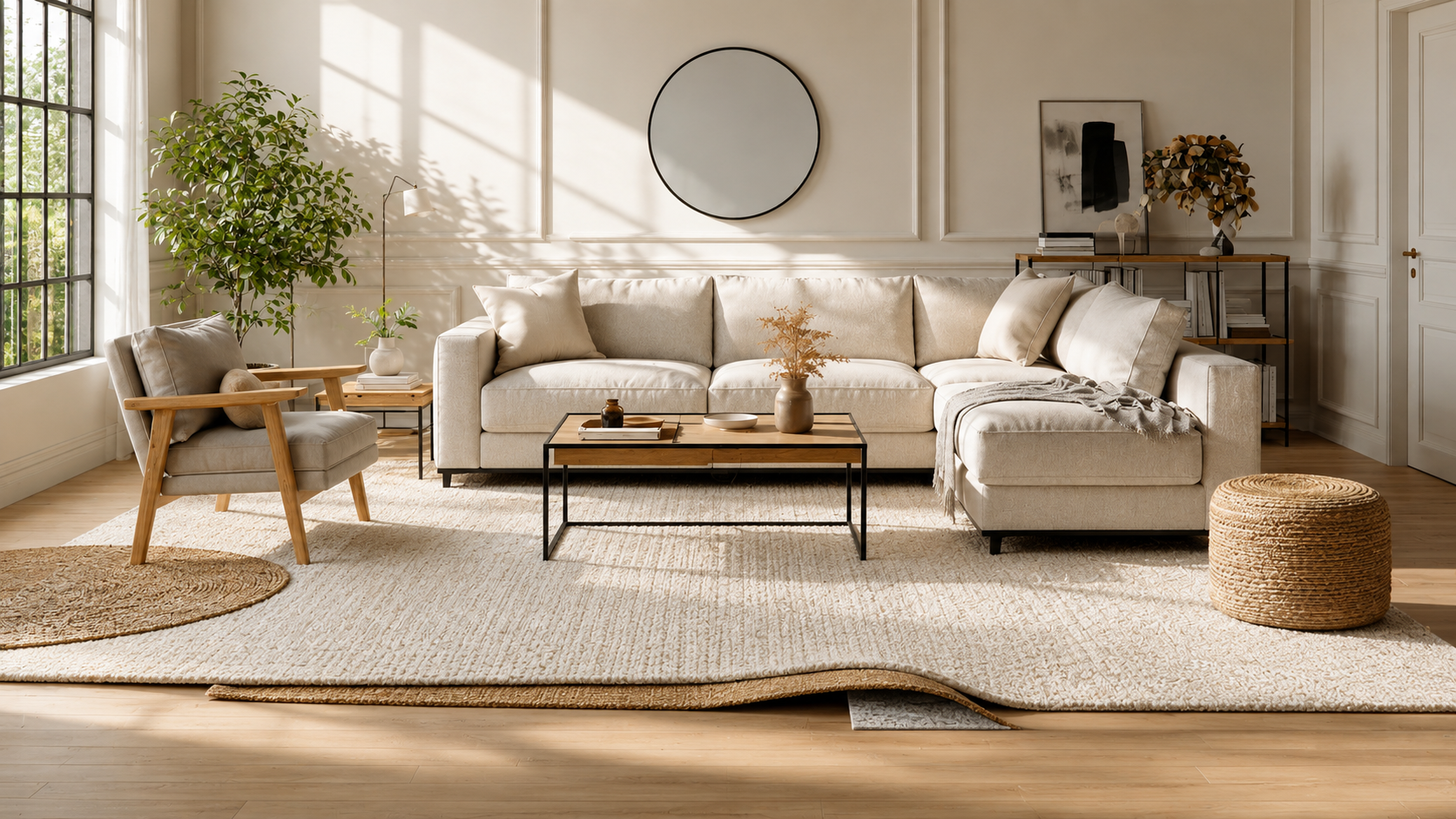 Living room rugs product board with neutral washable rug, jute rug, round natural fiber rug, and rug pad detail