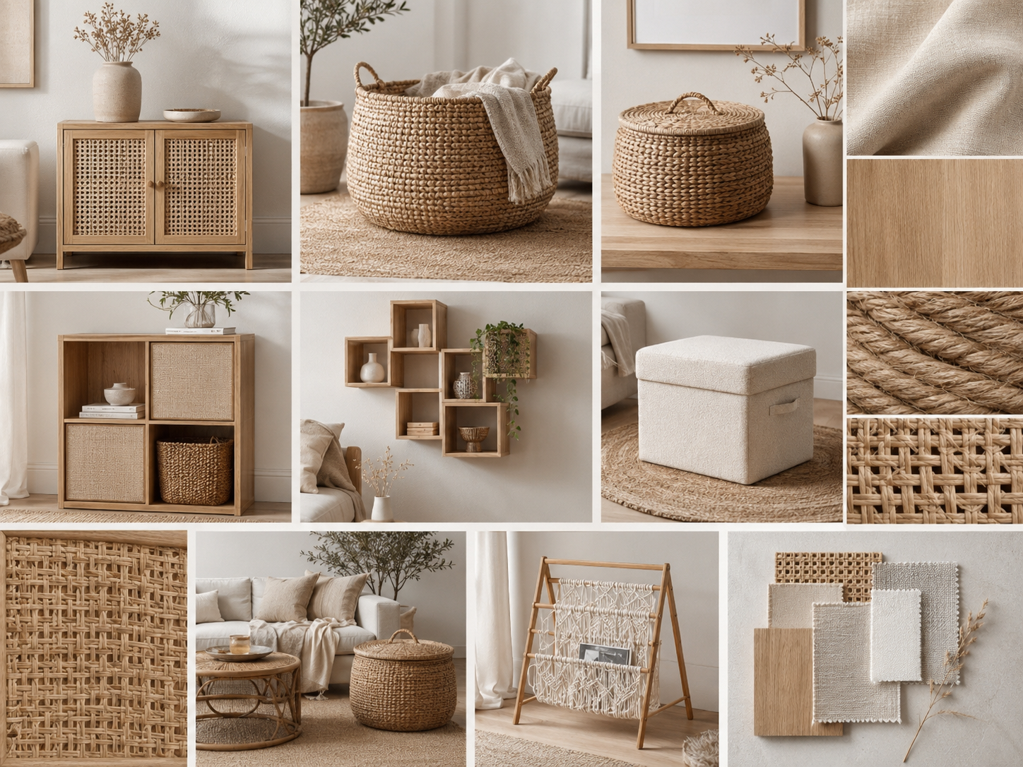 Living room storage moodboard with baskets, cube storage, floating shelves, ottoman, cabinet, and magazine rack
